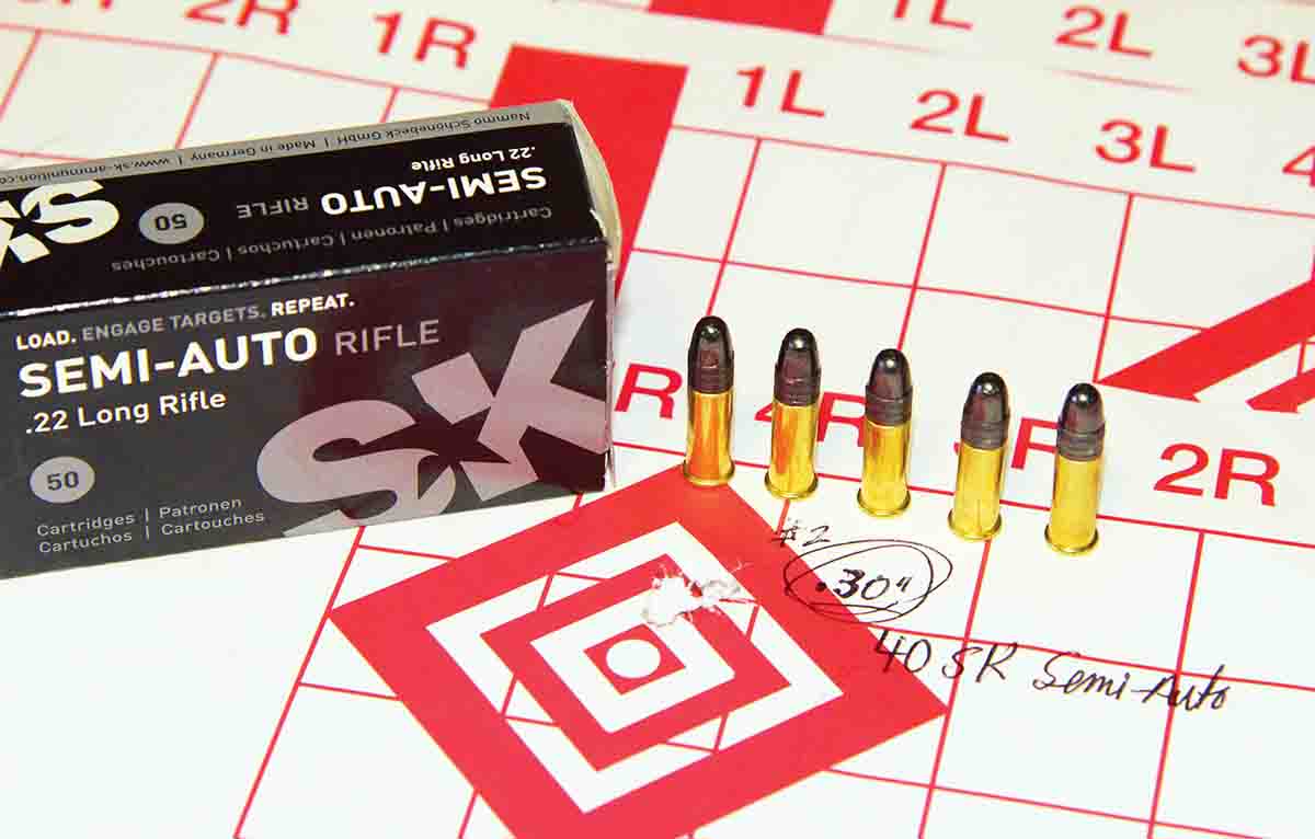 The second-best group average from the Vudoo Three 60 was shot with SK Semi-Auto ammunition, all groups averaging .43 inch, and the best group measured .30 inch with that ammunition.